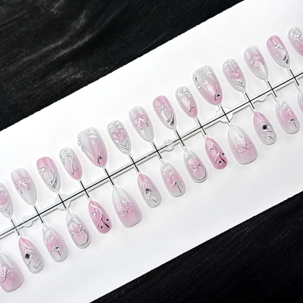 Nailhour 30Pcs Sweet & Cool 3D Medium Almond French Cat Eye Press On Nails