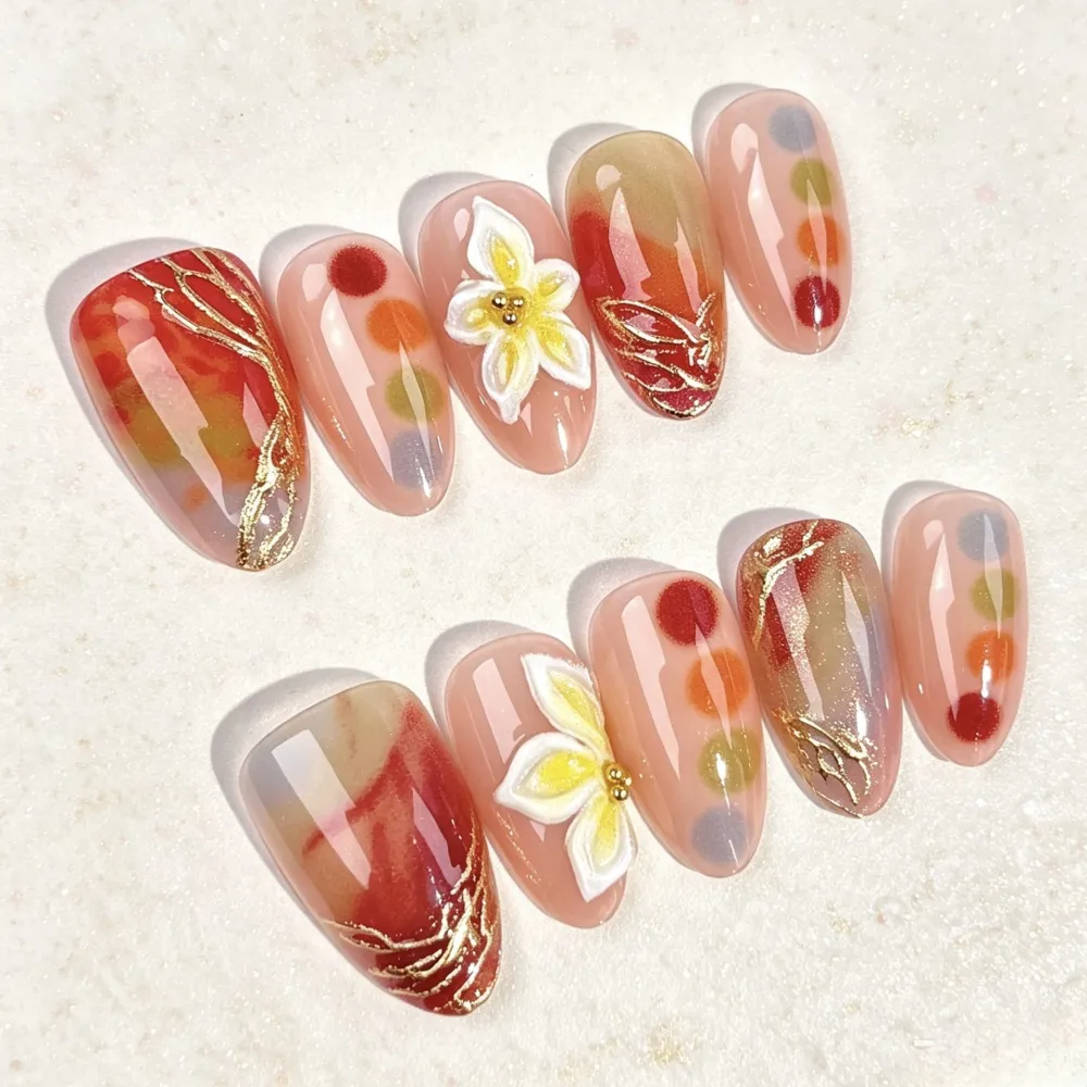 Nailhour 30Pcs 3D Gilded Floral Medium Almond Press On Nails