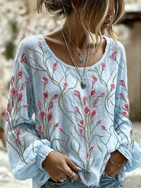 Women's cotton and linen printed top