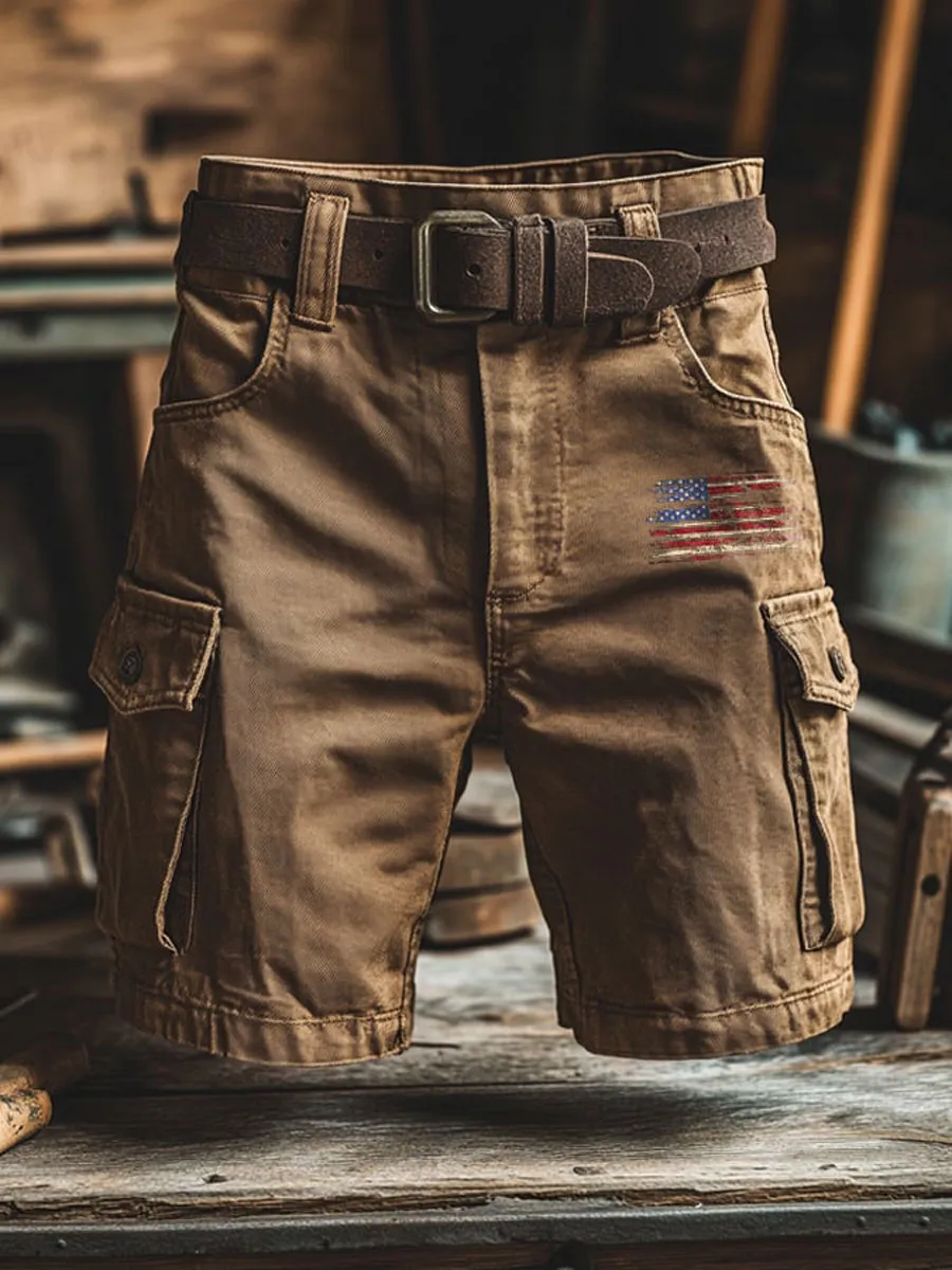 Men's Retro Outdoor Washed & Distressed Multi-Pocket Functional Cargo Shorts