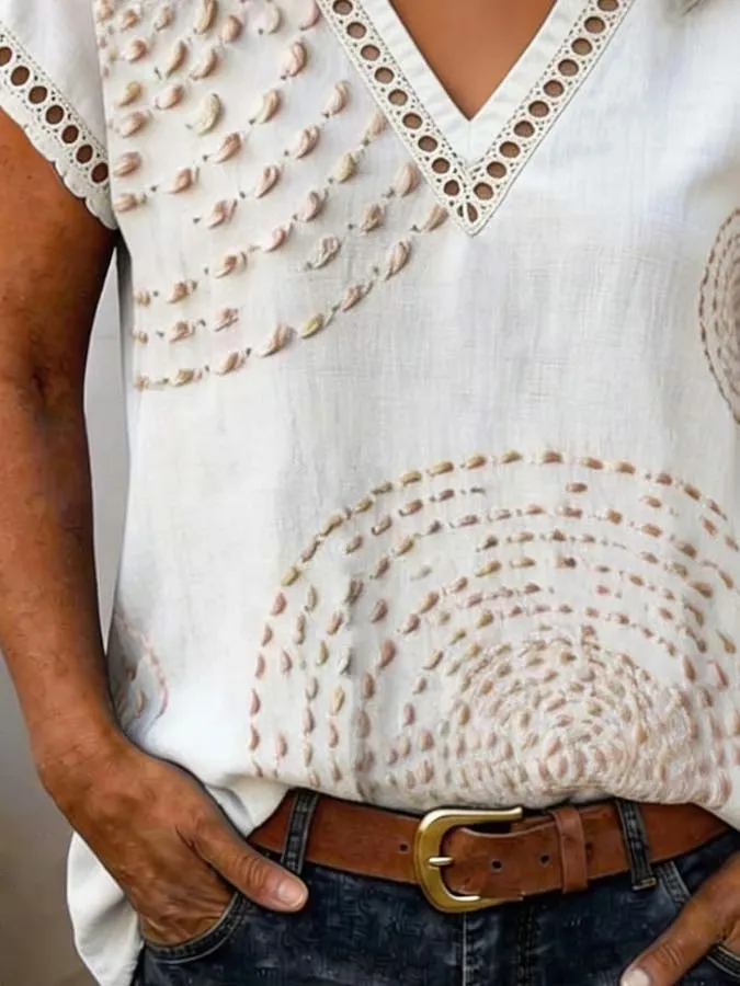 Women's Casual Lace-Trimmed Printed Top