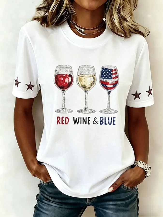 Women'S Red Wine & Blue Printed Casual T-Shirt