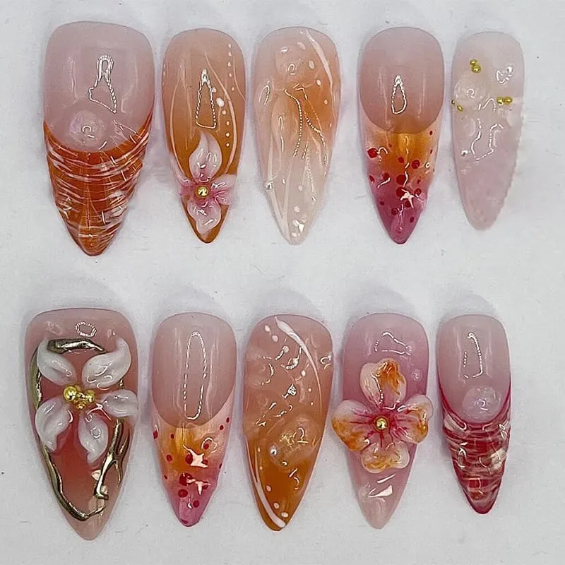 Nailhour 30Pcs 3D Medium Almond French Floral Press On Nails