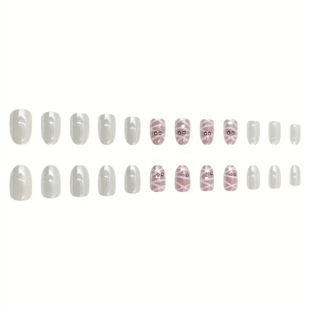 Nailhour 24Pcs Halloween Short Oval White Chrome Pearl Press On Nails