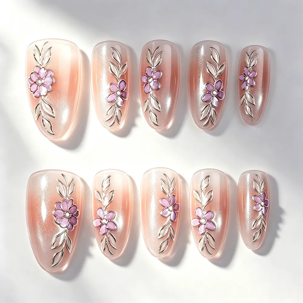 Nailhour 30Pcs Nude Gilded Floral 3D Medium Almond French Press On Nails
