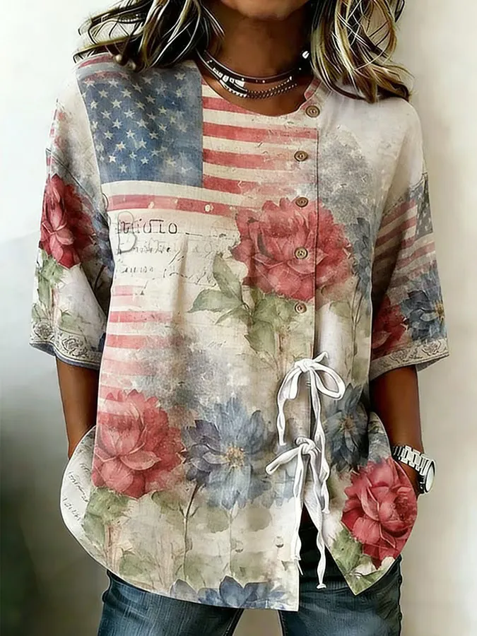 Women'S Retro Independence Day Flag Flower Art Casual Short Sleeved Shirt