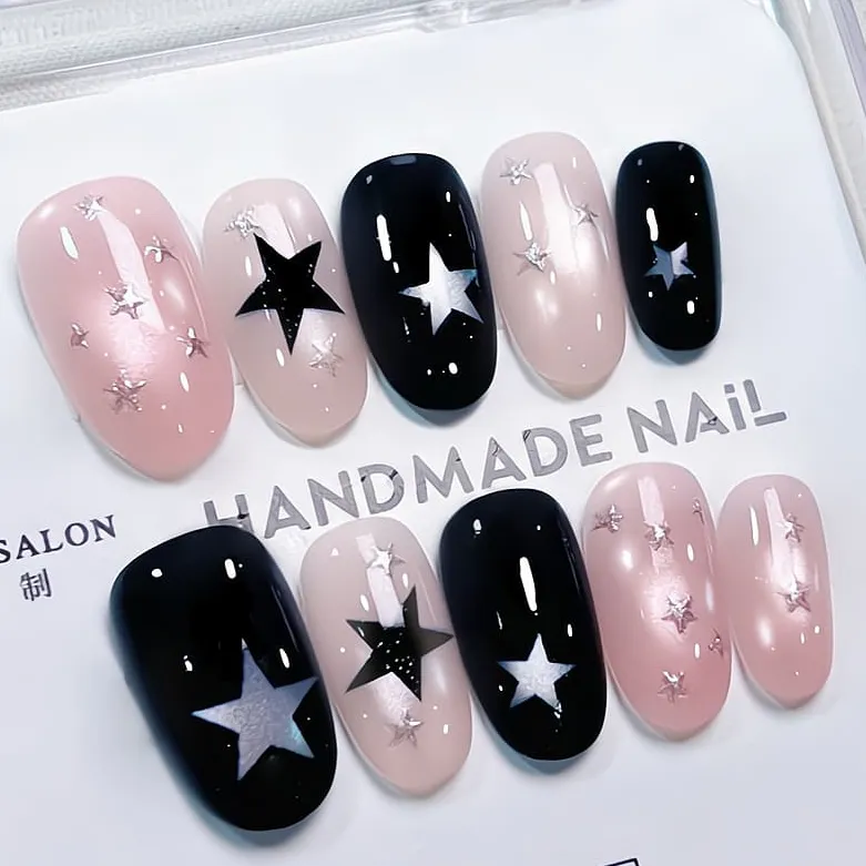 Nailhour 10Pcs Cat Eye French Vintage Medium Oval Press On Nails