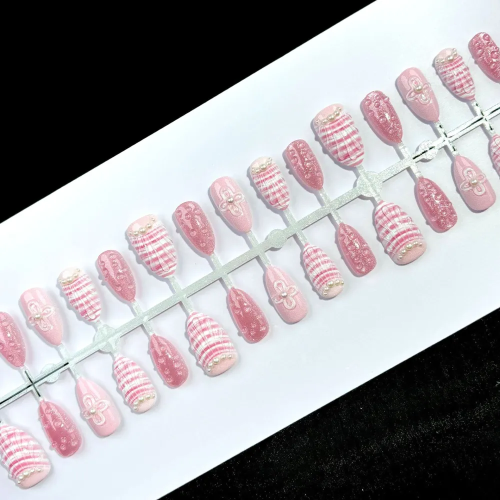 Nailhour 30Pcs Pink 3D Bubble Medium Almond French Press On Nails