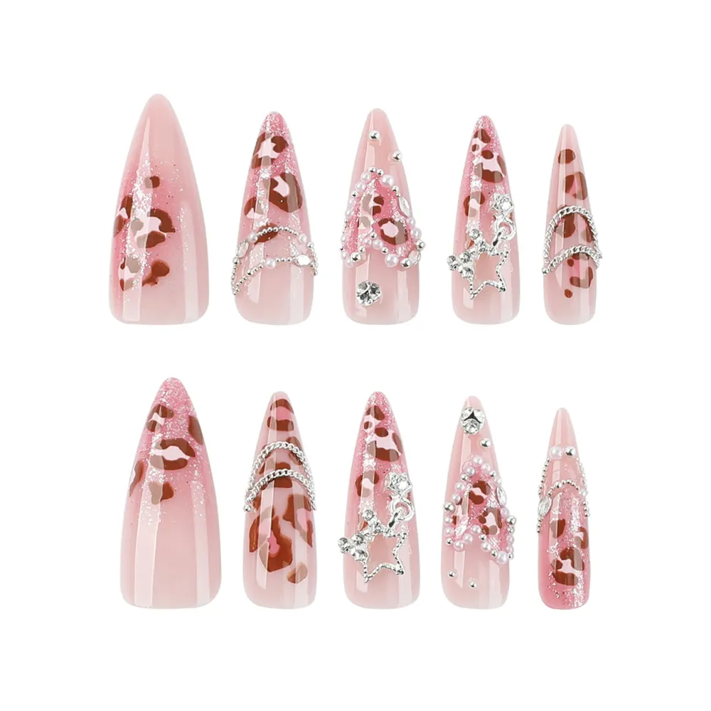 Nailhour 24Pcs Pink 3D Rhinestone Long Almond Press On Nails