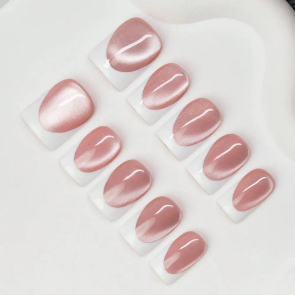 Nailhour Handmade 10pcs French Cat Eye Pink Press On Nails