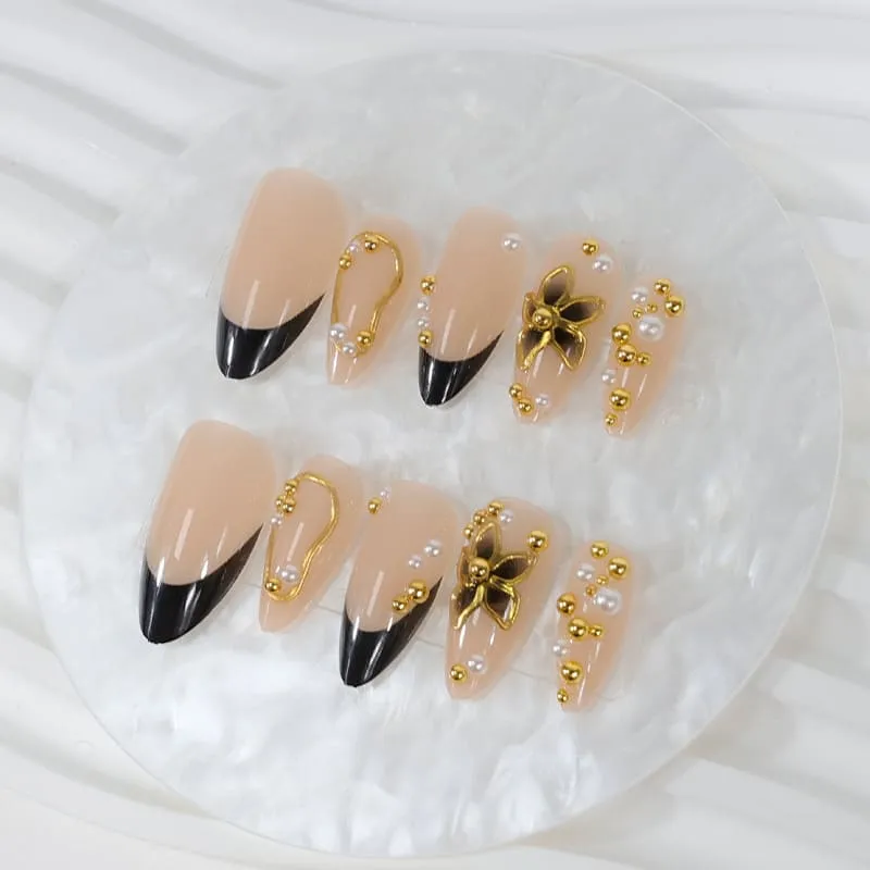 Nailhour 24Pcs 3D Gilded Floral Black Medium Almond Press On Nails