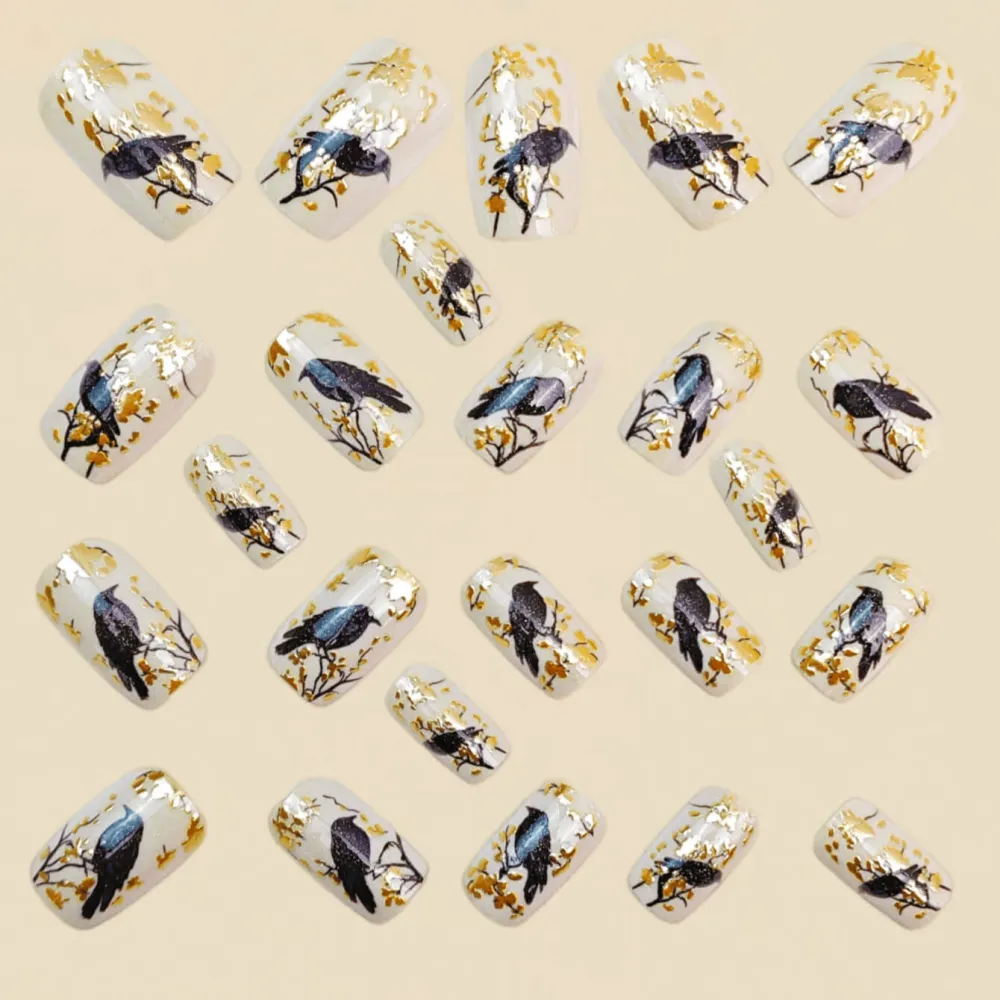 Nailhour 24Pcs Medium Square Gold-Plated Magpie Press On Nails