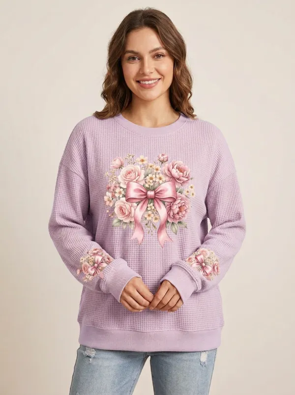 Women's Breast Cancer Awareness Floral Bow Printed Waffle Knit Sweatshirt