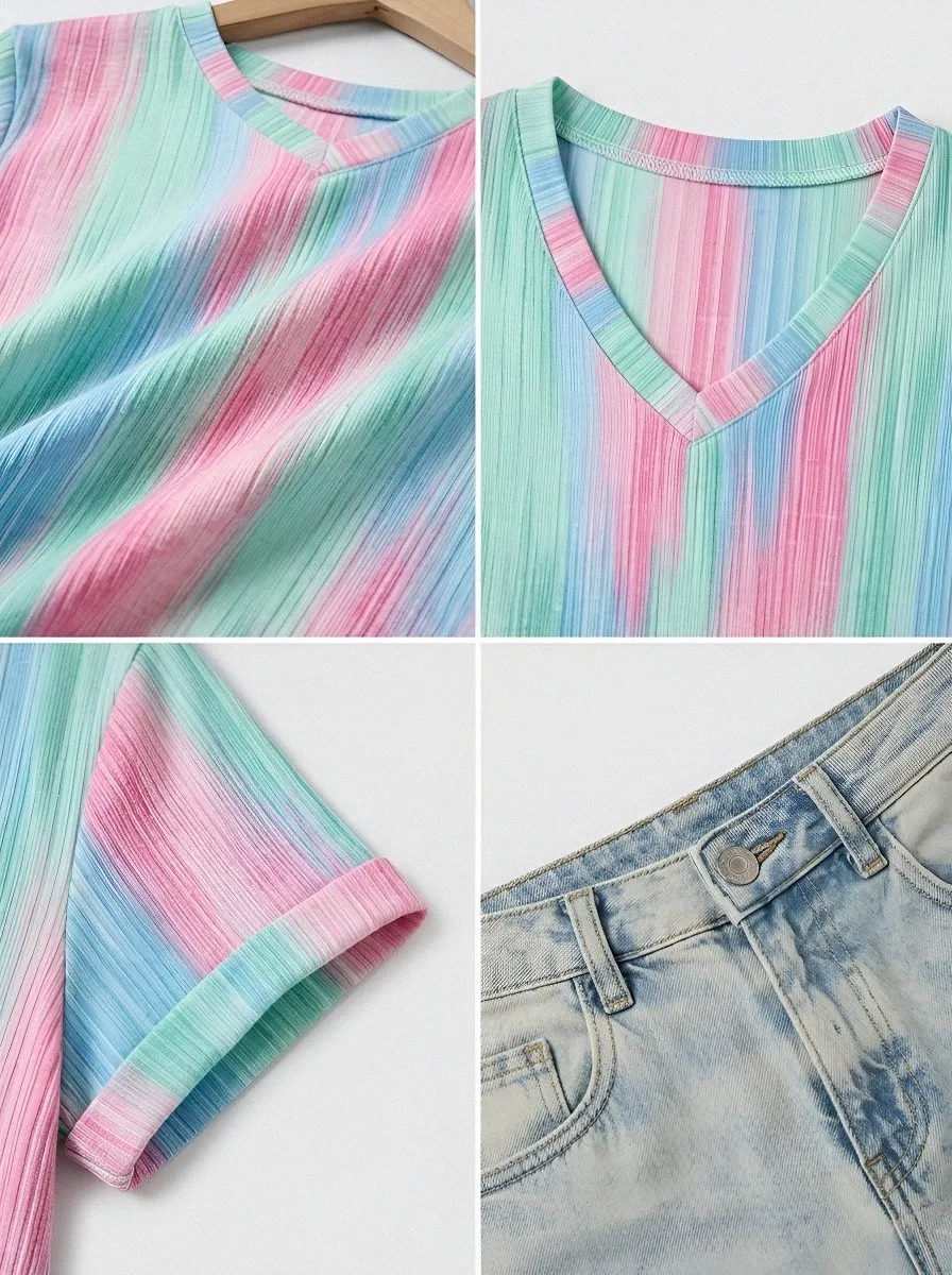 Women's Breast Cancer Awareness Pink Stripe Printed V-neck T-shirt