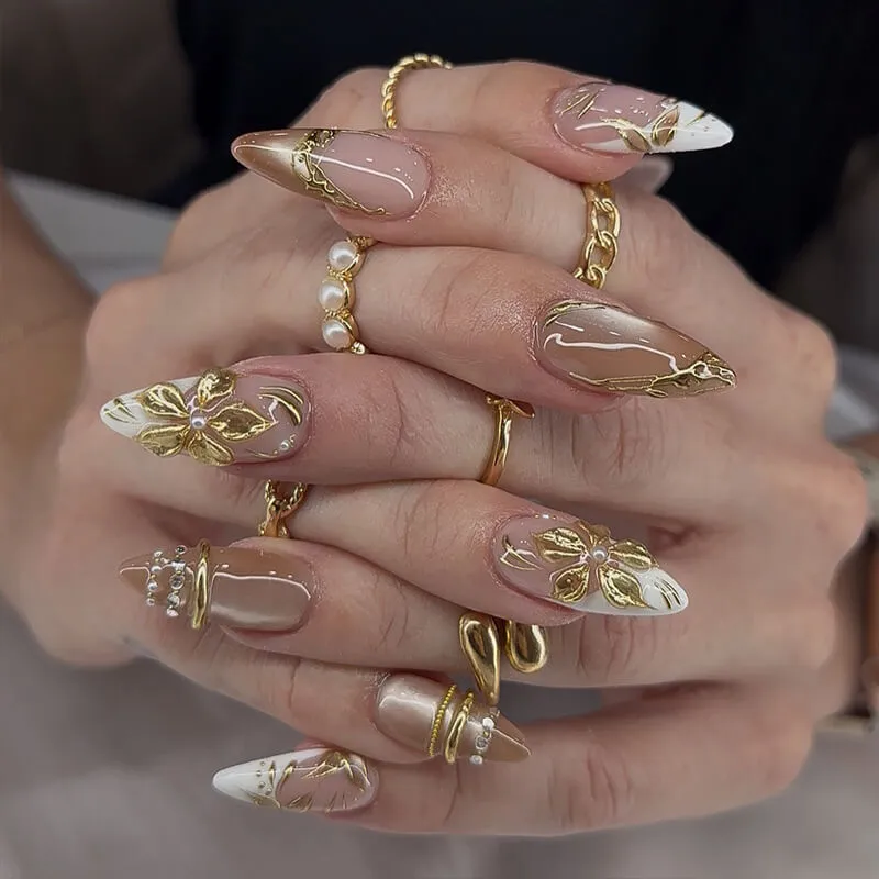 Nailhour 30Pcs French Floral 3D Glitter Medium Almond Press On Nails