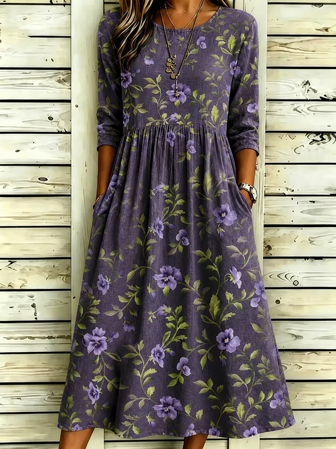 Women's Casual Purple Floral Lace Cotton Linen Dress