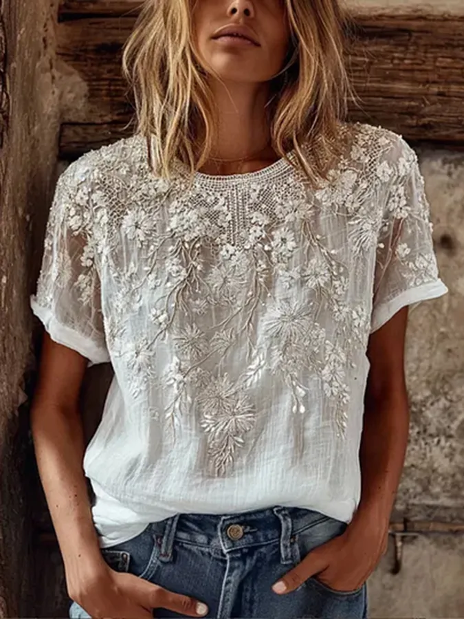 Women's casual floral print cotton and linen round neck top