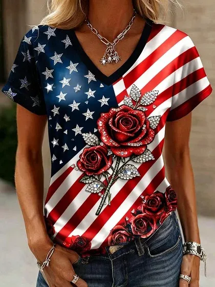 Women's Casual American 250Th Anniversary Printed V-Neck T-Shirt