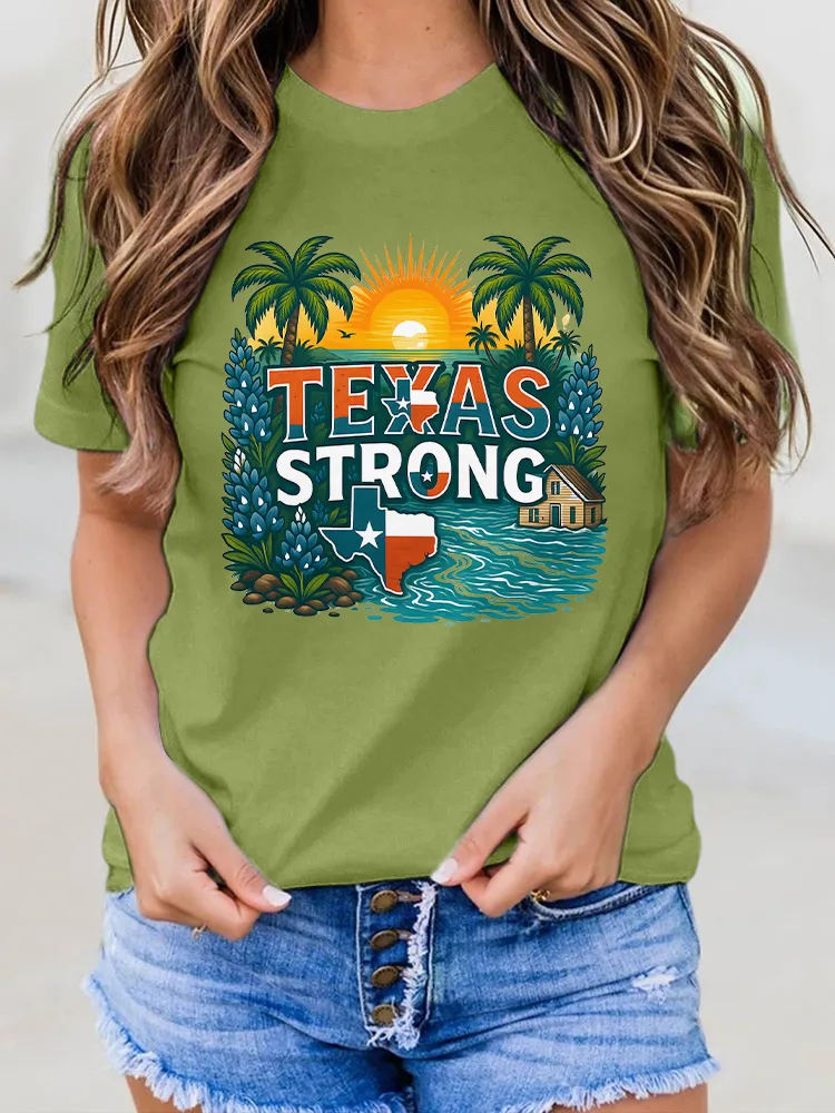 Ladies TEXAS STRONG Versatile Seaside Vacation Art Print Round Neck Shirt
