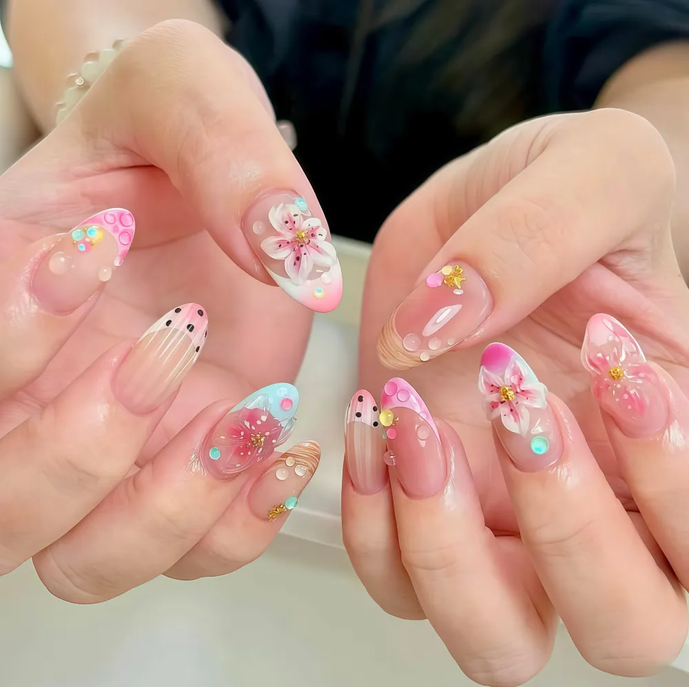 Nailhour 30Pcs French Rhinestone Gradient Medium Almond Press On Nails