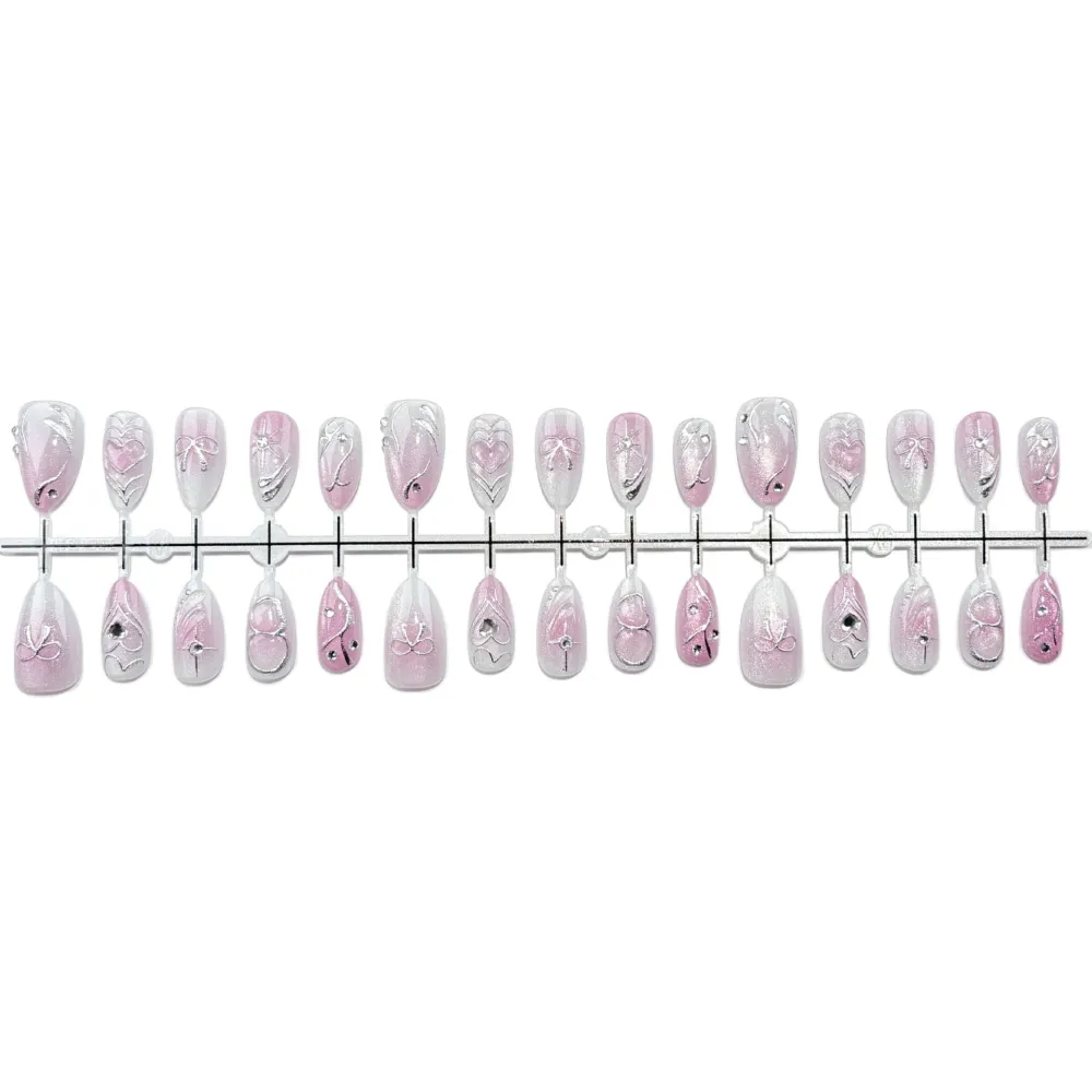 Nailhour 30Pcs Sweet & Cool 3D Medium Almond French Cat Eye Press On Nails