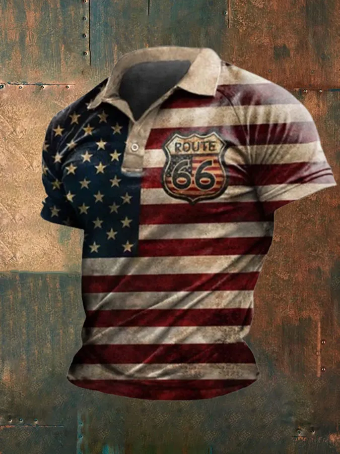 Men'S American Flag Print Casual Polo Shirt