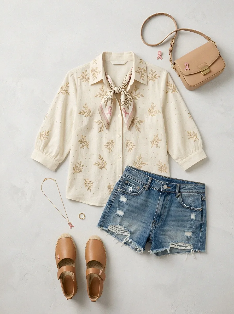 Women's Breast Cancer Awareness Gold Leaf Sequin Embroidered Button-Down Shirt