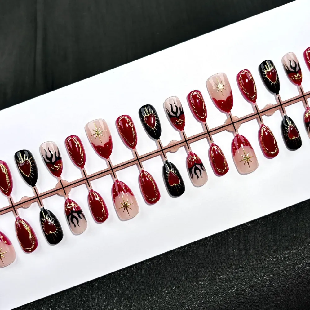 Nailhour 30Pcs Dark Heart 3D Medium Almond French Press On Nails