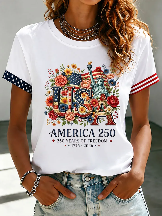 Women's  Floral America 250 Years of Freedom Printed Casual T-shirt
