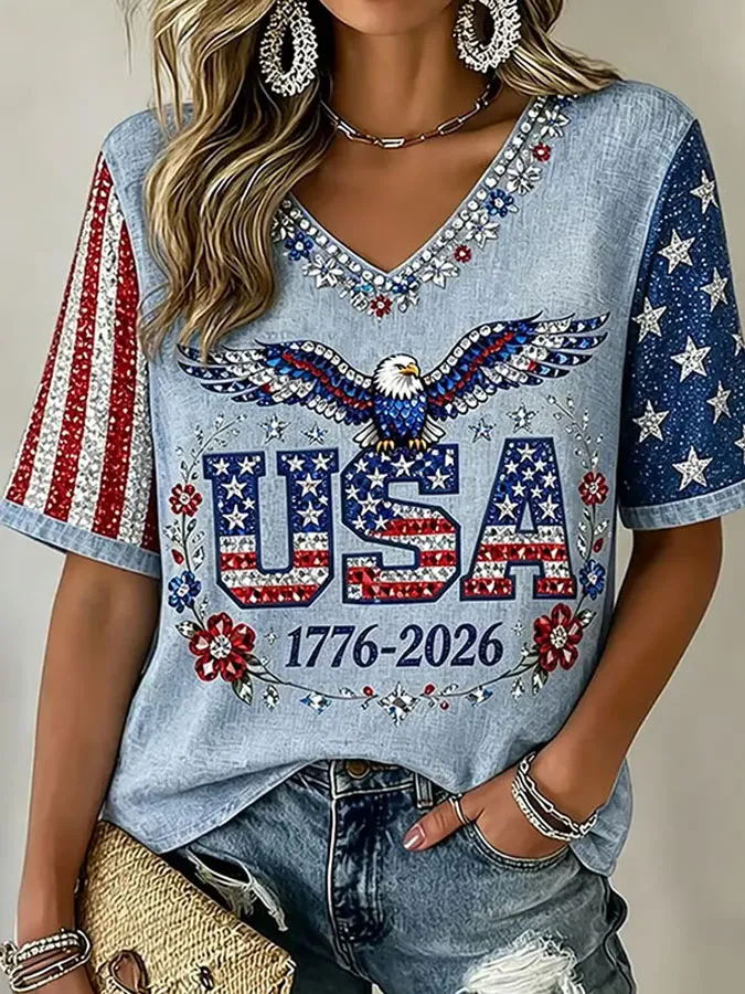 Women'S America Flag Print Casual V-Neck T-Shirt