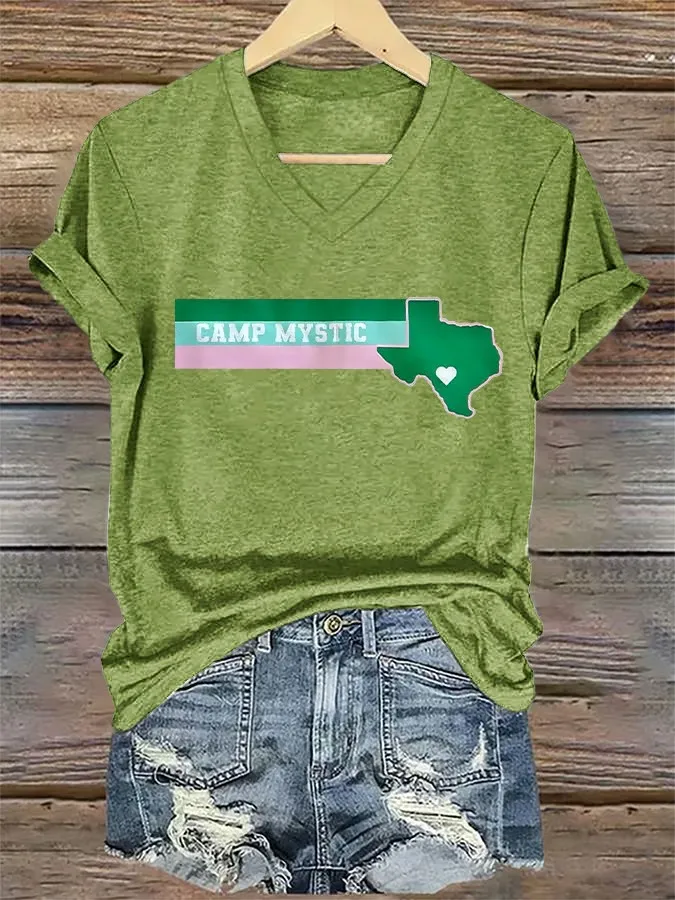 Women's Retro Camp Mystic Pink And Green Texas Strong Print T-Shirt