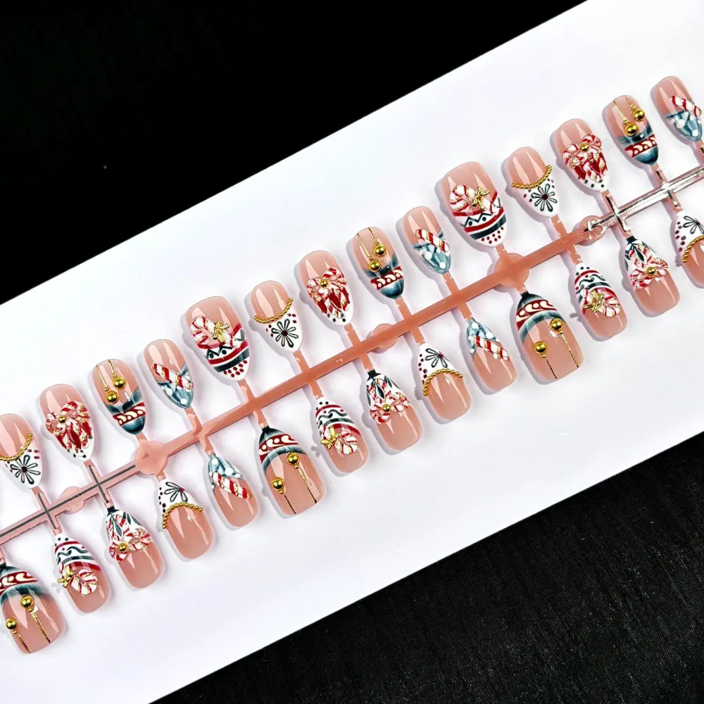 Nailhour 30Pcs Golden Bell 3D Christmas Medium Almond French Press On Nails