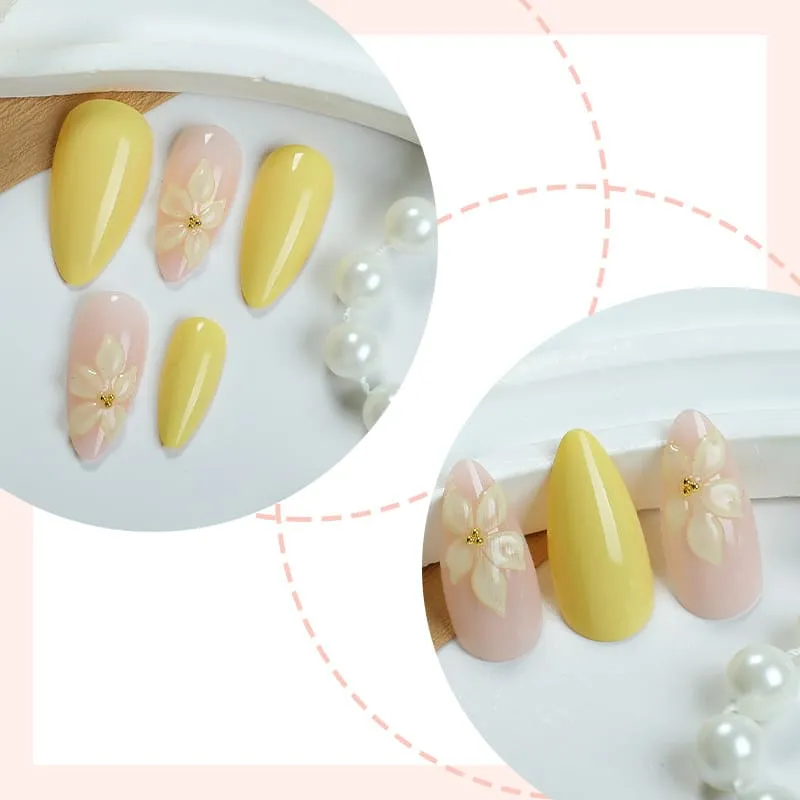 Nailhour 24Pcs Yellow 3D Medium Almond French Floral Press On Nails