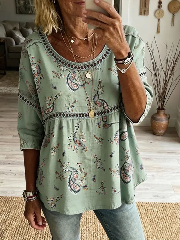 Women's Vintage Boho Sage Paisley Hollow-Out 3/4 Sleeve Peplum Blouse