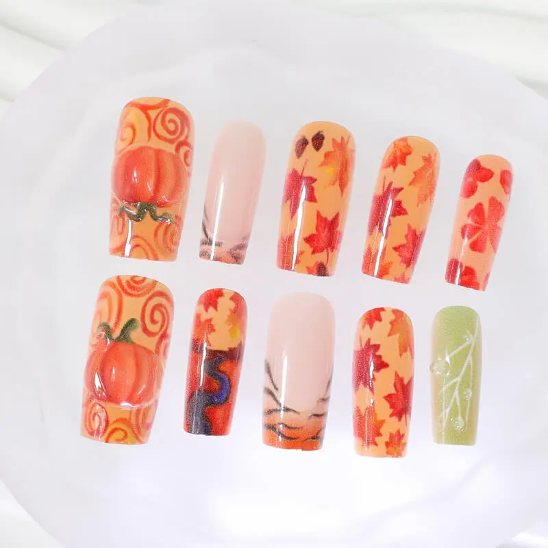 Nailhour 24Pcs Autumn 3D Vintage French Medium Square Press On Nails