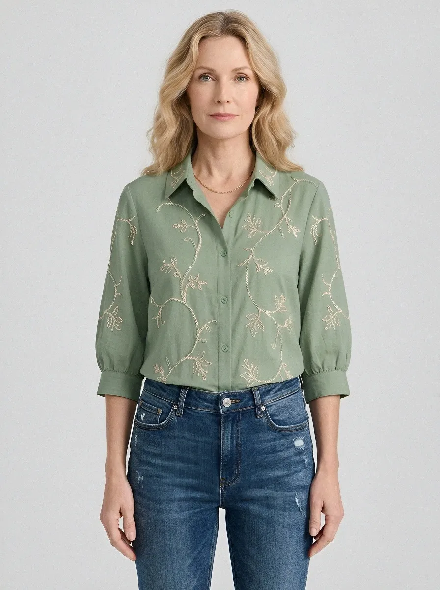Women's Breast Cancer Awareness Floral Vine Embroidered Button-up Shirt