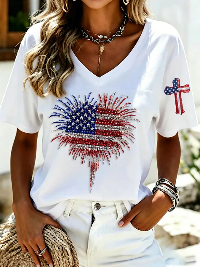 Women'S America Flag Print Casual V-Neck T-Shirt