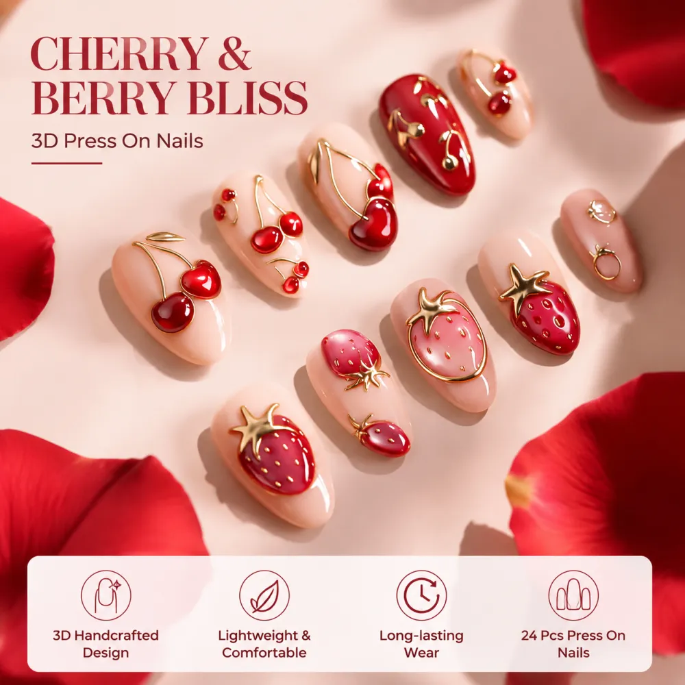 Nailhour 30pcs Nude Date 3D Strawberry Cherry Press On Nails