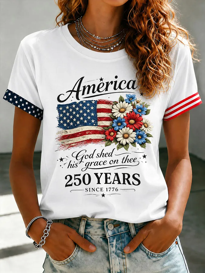 Women's Floral American Flag Printed Casual T-shirt