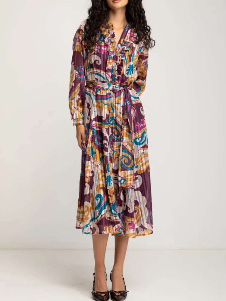 Long-Sleeve Colorful Printed Midi Dress