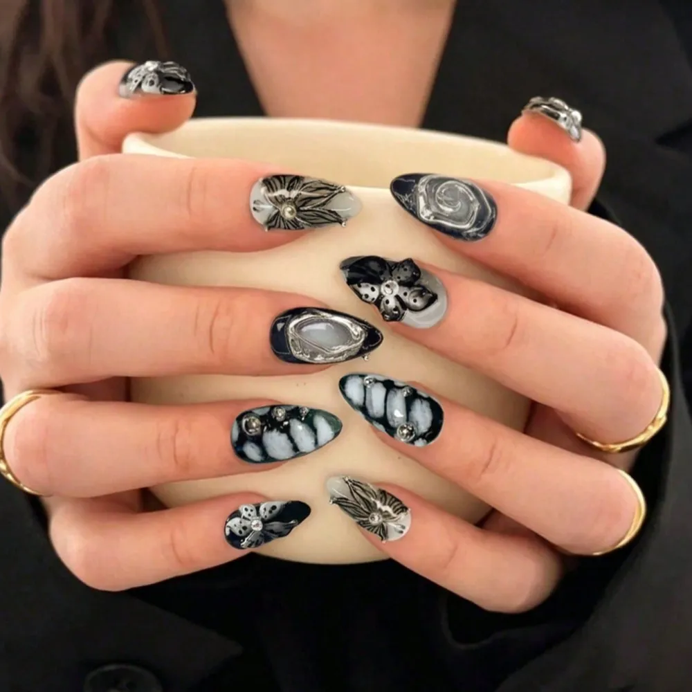 Nailhour 10Pcs 3D Y2K Black Party Medium Almond Press On Nails