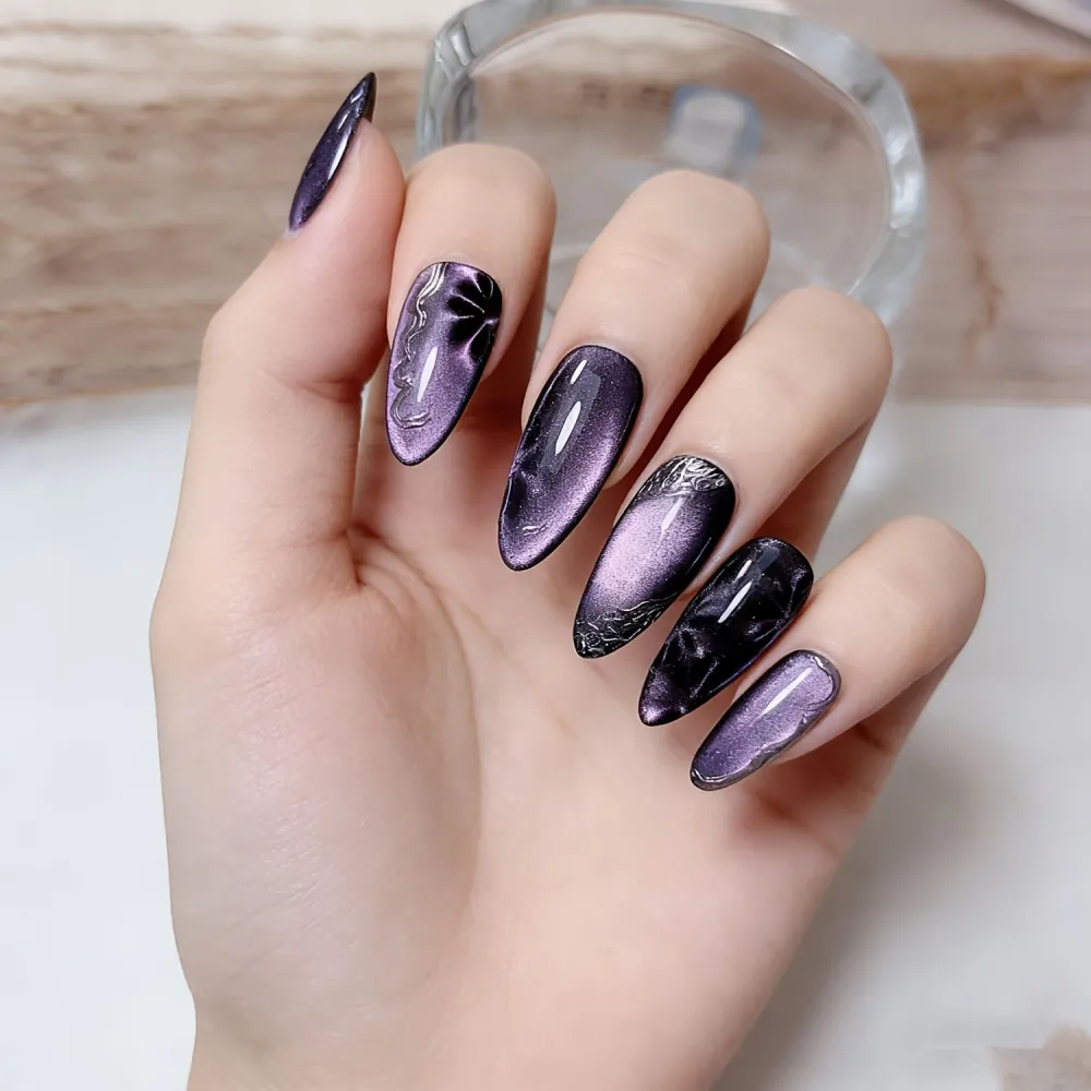 Nailhour 10Pcs French Glitter Cat Eye Purple Minimalist Medium Almond Press On Nails