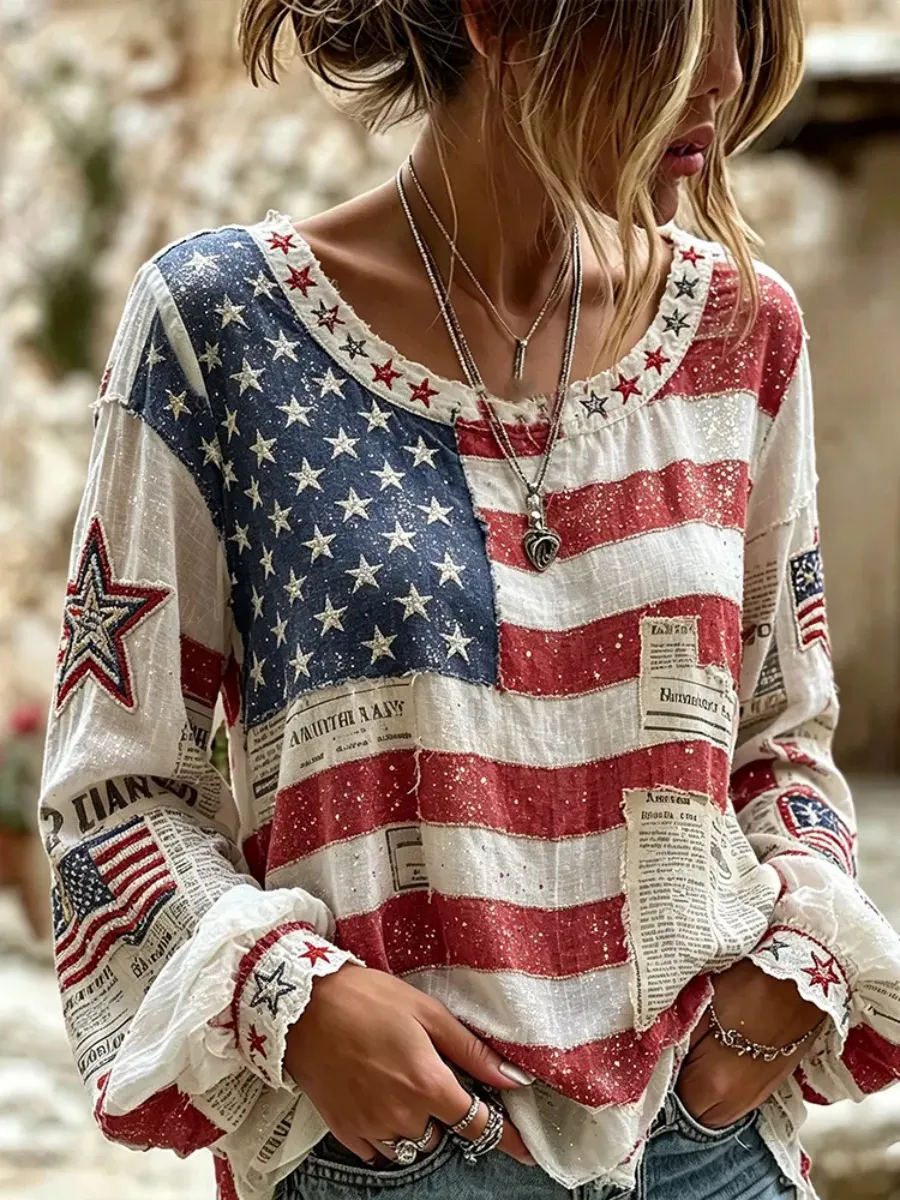 Vintage Flag And Newspaper Embroidery Art Crew Neck Long Sleeve Top