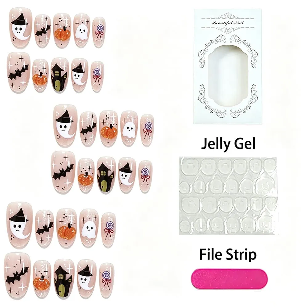 Nailhour 30Pcs Halloween Ghost Cute Medium Almond Press On Nails
