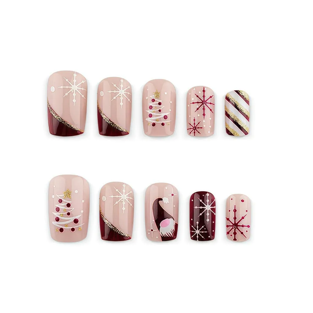 Nailhour 24Pcs Christmas Pink Medium Square French Press On Nails
