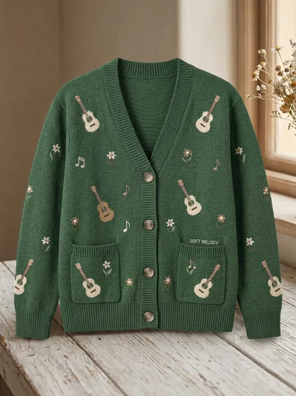 Rustic Guitar Floral Women's Country Music Knit Cardigan