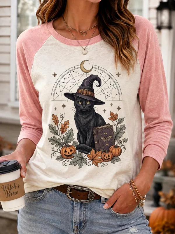 Women's Halloween Witch Cat Pumpkin Printed T-shirt