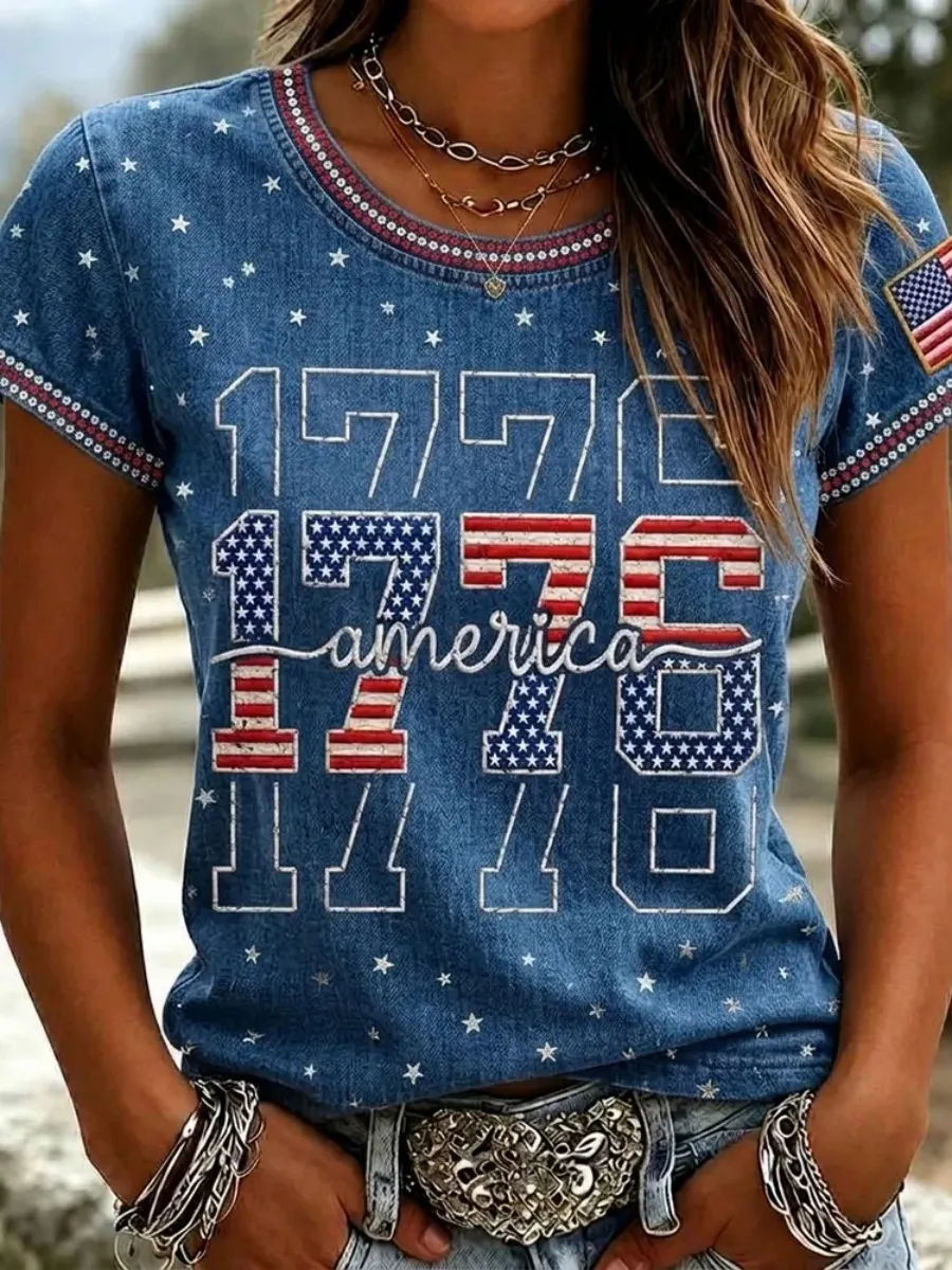 Women's Vintage 1776 Independence Day Flag Pattern Casual T-shirt