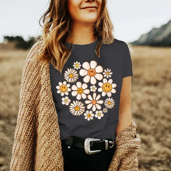 Retro Flowers Smile Faces T-shirt