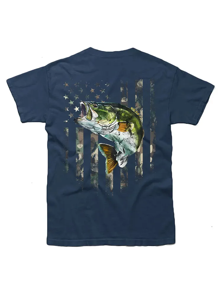 American Flag (Print On The Back) Camo Bass Fish Fishing T-Shirt